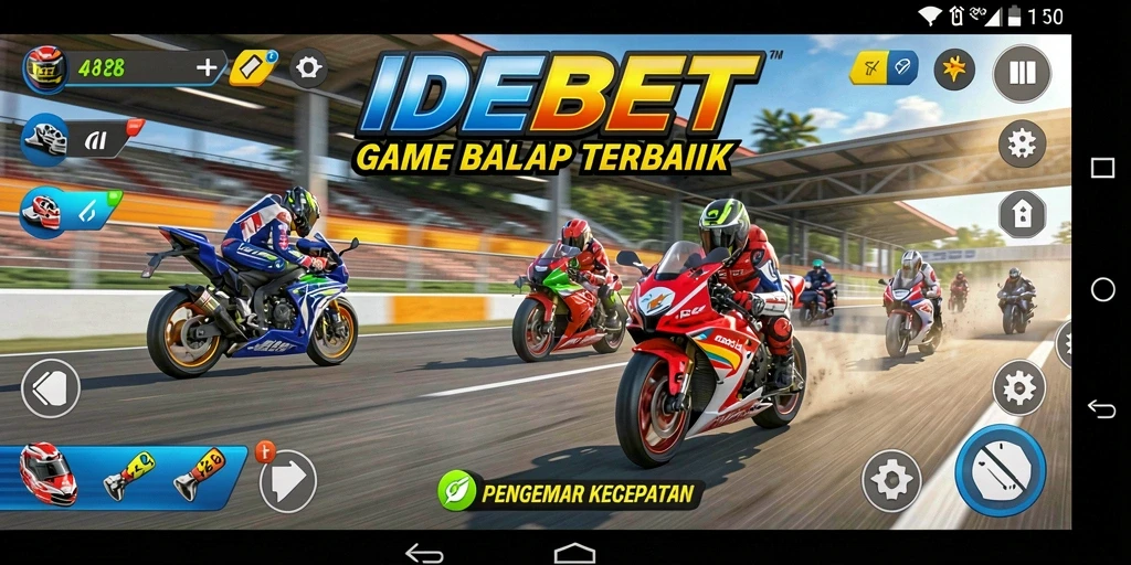 Screenshot utama IDEBET menampilkan balapan motor yang seru di lintasan.