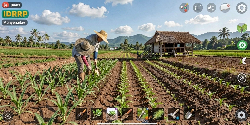 Tampilan gameplay IDRRP yang menarik dengan aktivitas bertani.