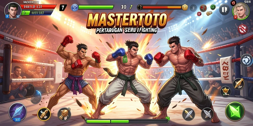Tampilan screenshot MASTERTOTO menampilkan karakter yang sedang bertarung di arena yang spektakuler.