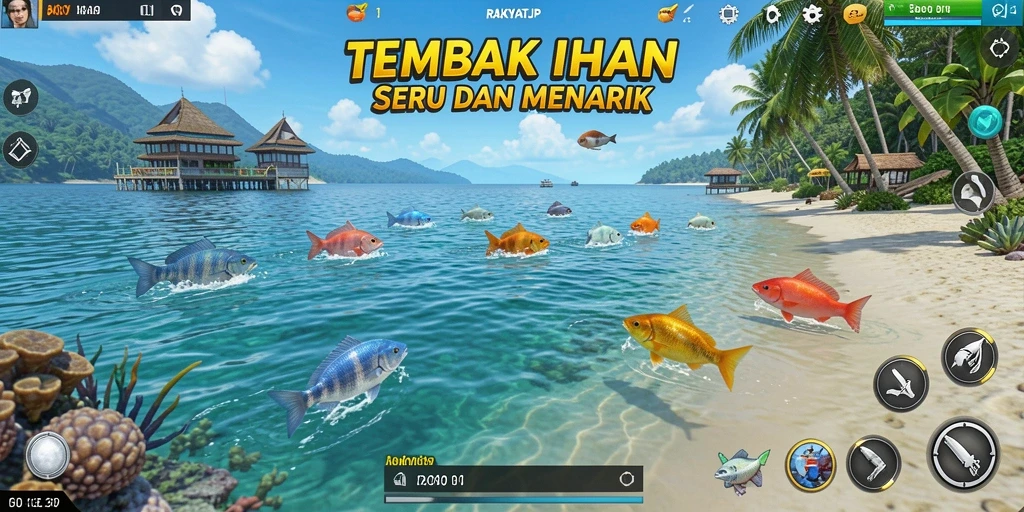 Tampilan gameplay seru dalam RAKYATJP dengan berbagai ikan untuk ditangkap.