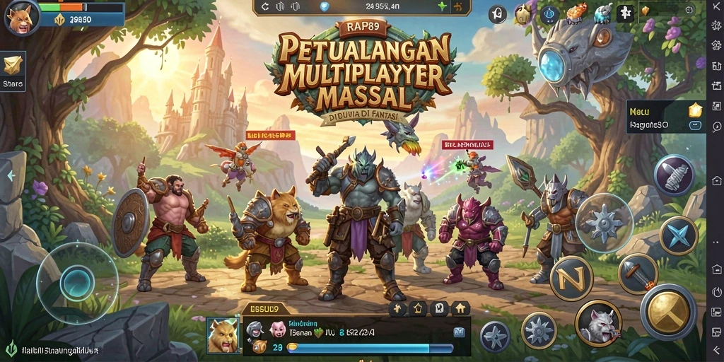 Tangkapan layar utama RAP89 menampilkan pertarungan epik antar pemain dalam dunia fantasi.