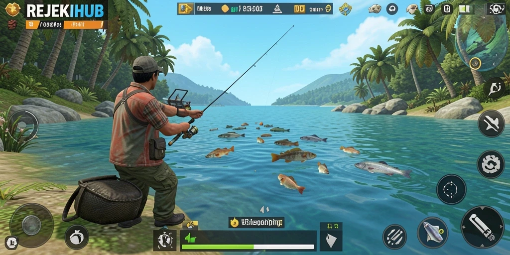 Screenshot gameplay REJEKIHUB menampilkan aksi memancing yang seru.