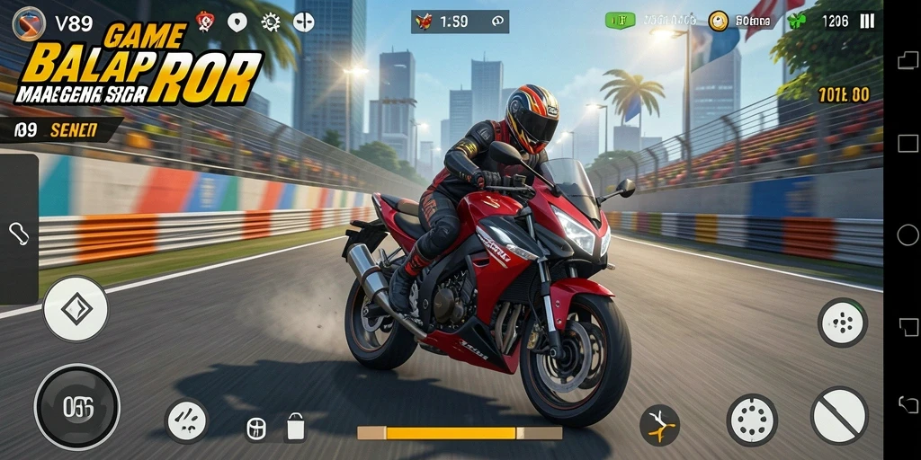 Tampilan gameplay V89 yang mendebarkan saat balapan motor.