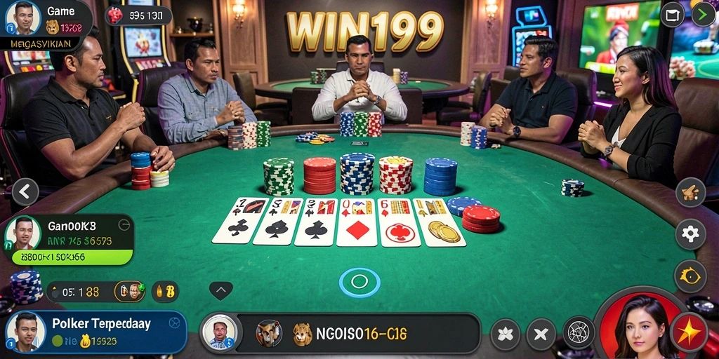 Tampilan gameplay menegangkan dari aplikasi Poker WIN199.